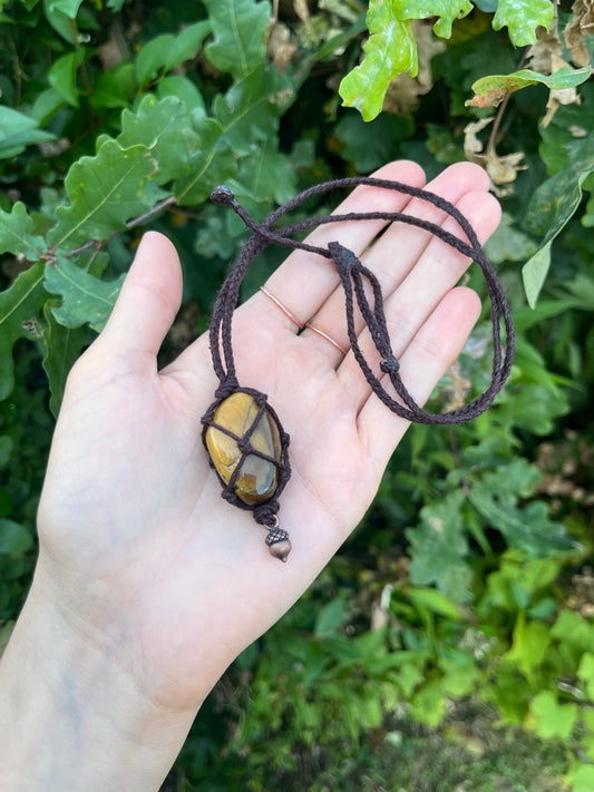 Golden Tigers Eye Crystal Necklace With Acorn Charm