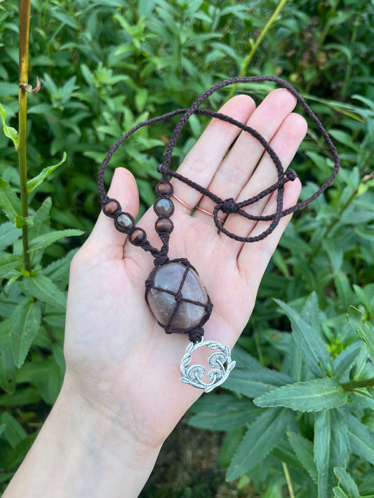 Black Moonstone Crystal Necklace With Mushroom Charm